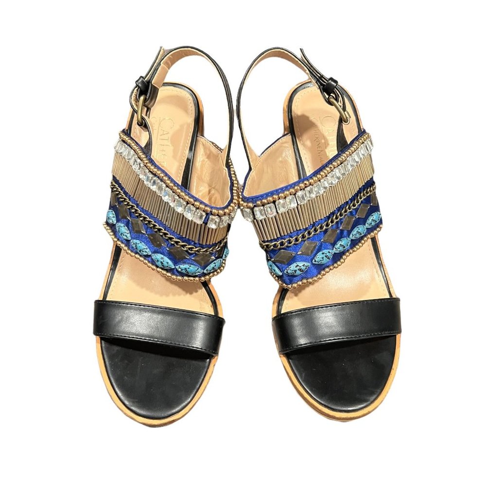 Catherine Malandrino Yance Black Stacked Heel Sandal Rhinestone Faux Tur… - Picture 3 of 12